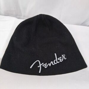 Fender Black Knit Beanie Hat Embroidered Logo Music Accessory USED